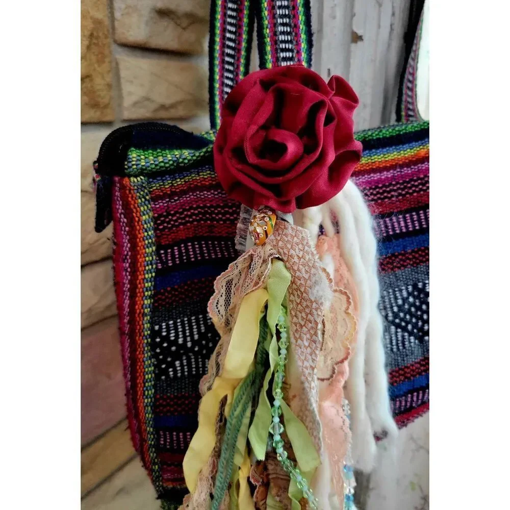 Unique embellished boho hippy purse vibrant colors and lace strands